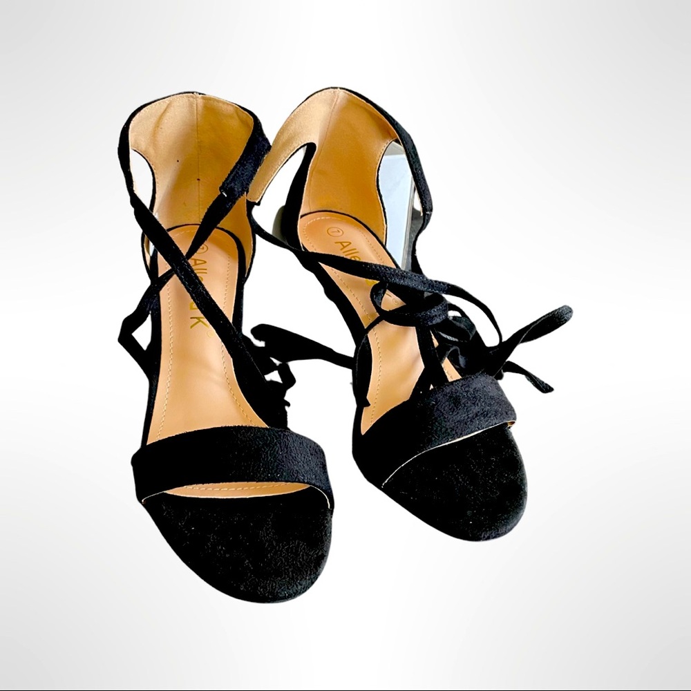 Allegra K black strap tie suede kitten heels